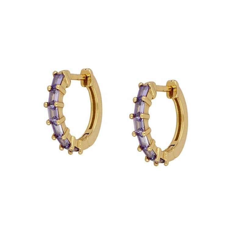 Hoop Earring Sterling Silver 925 18K Gold Plated with Purple Zircons (1 Piece)